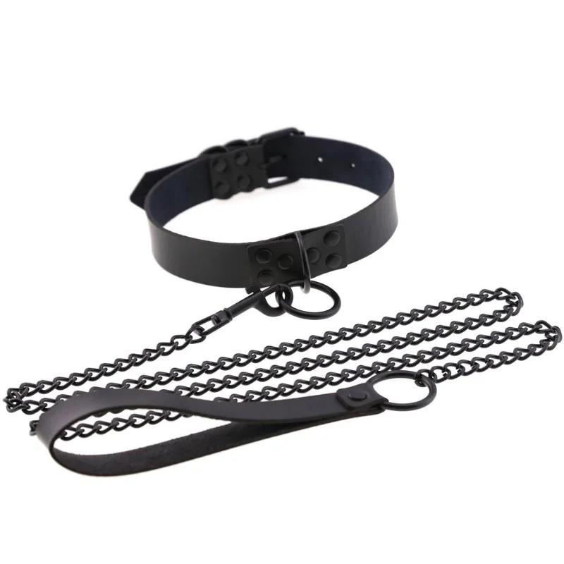 OkayM Womens Punk Gothic Leash Collar Black Accessories Sexy PU Leather Collar Traction Rope BDSM Bondage Necklace