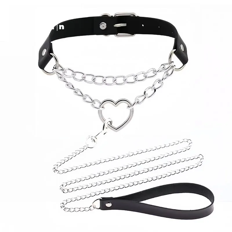 Leather Choker Heart Collar and Leash with Chains Bdsm Choker Submissive Collar for Female Fetishists BDSM Sex Leash Punk Goth Leather Choker Heart Collar and Leash with Chains Bdsm Choker Submissive Collar for Female Fetishists BDSM Sex Leash Punk Goth
