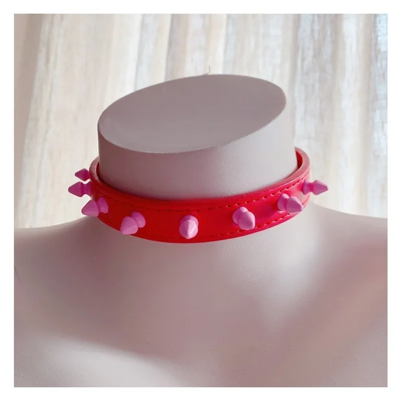 OJBK Sexy Punk Fashion Jewelry Necklace Studded Pink Silicone Rivet Rock Choker Handmade Collar Gift for Women Girls Steampunk