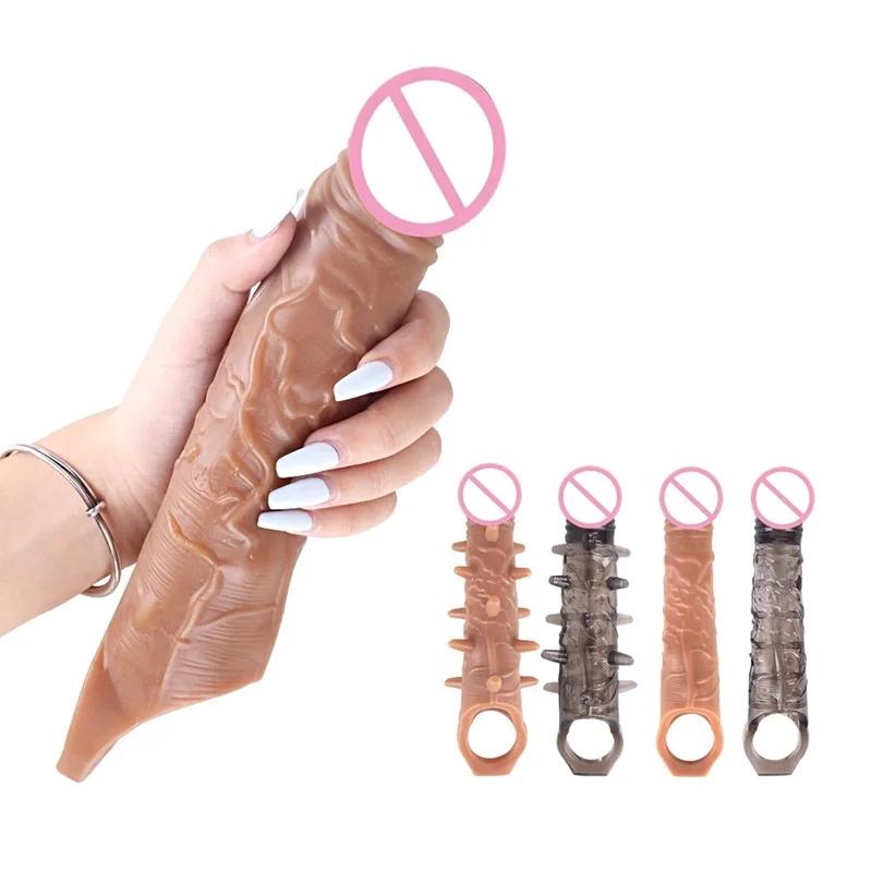 FXINBA 14-27cm Realistic Penis Sleeve Extender Cock Sleeve Dick Enlargement Delay Ejaculation Reusable Condom Men Sex Toys